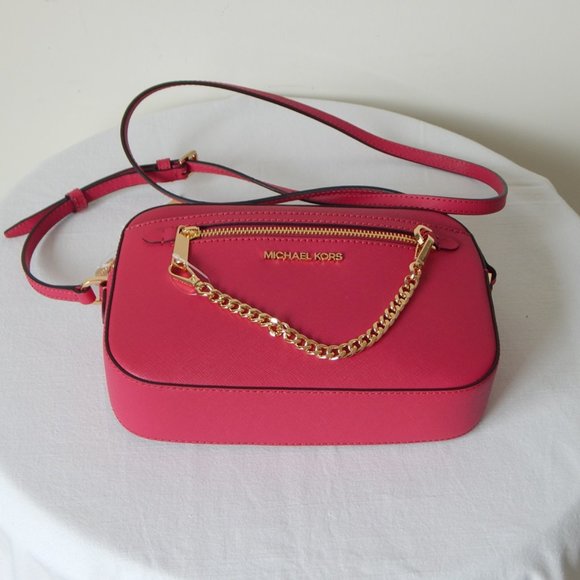 NWT Michael Kors Jet Set Item Leather LG EW Zip Chain Carmine Pink XBody Bag - Picture 9 of 14